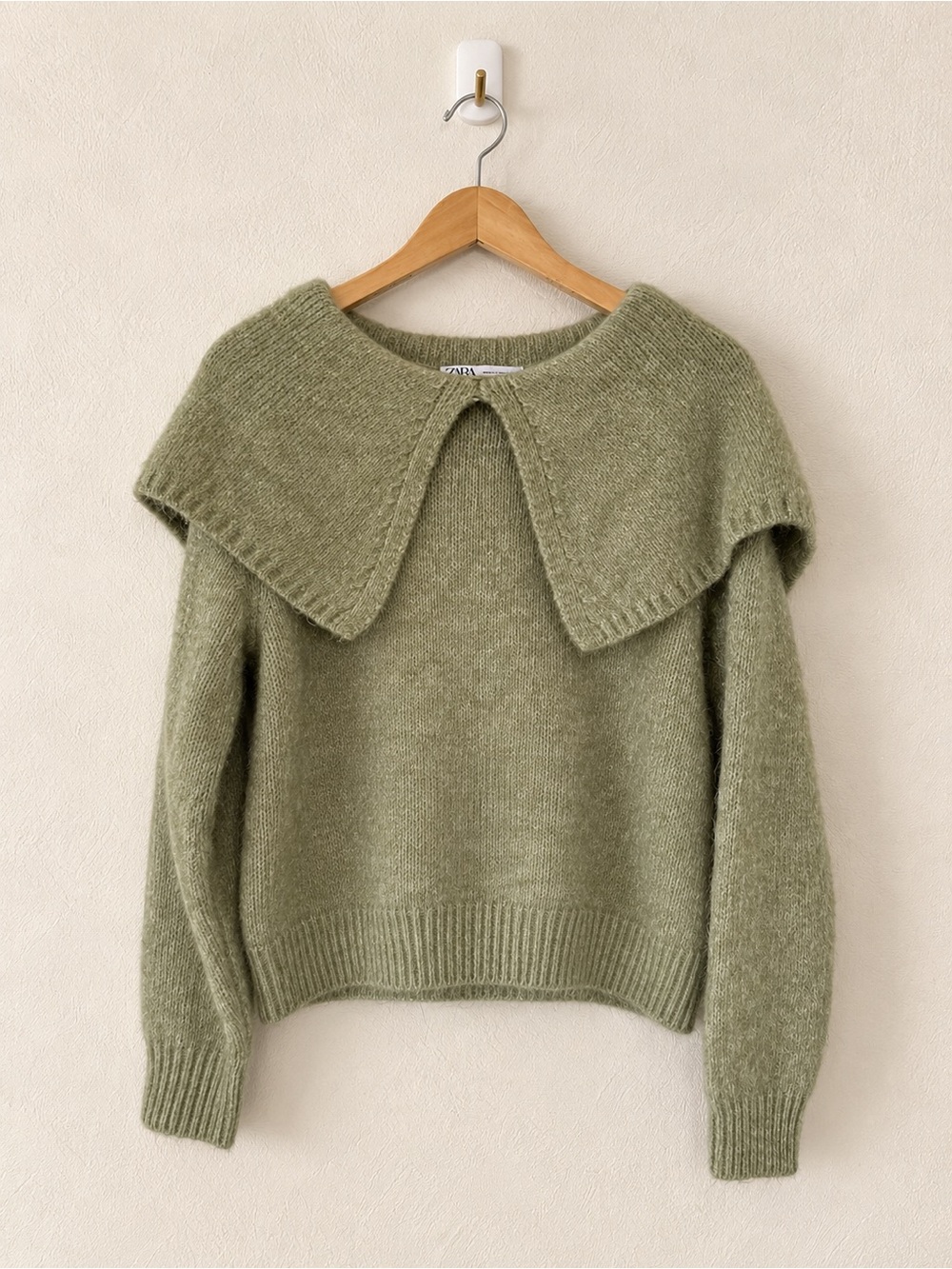 Zara Sage Green Fuzzy Knit Cape Collar Sweater Size XL